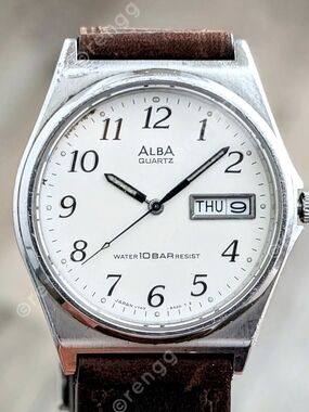 Vintage Seiko ALBA Quartz watch 35mm Men's Sapphire  White Dial Day/Date Great